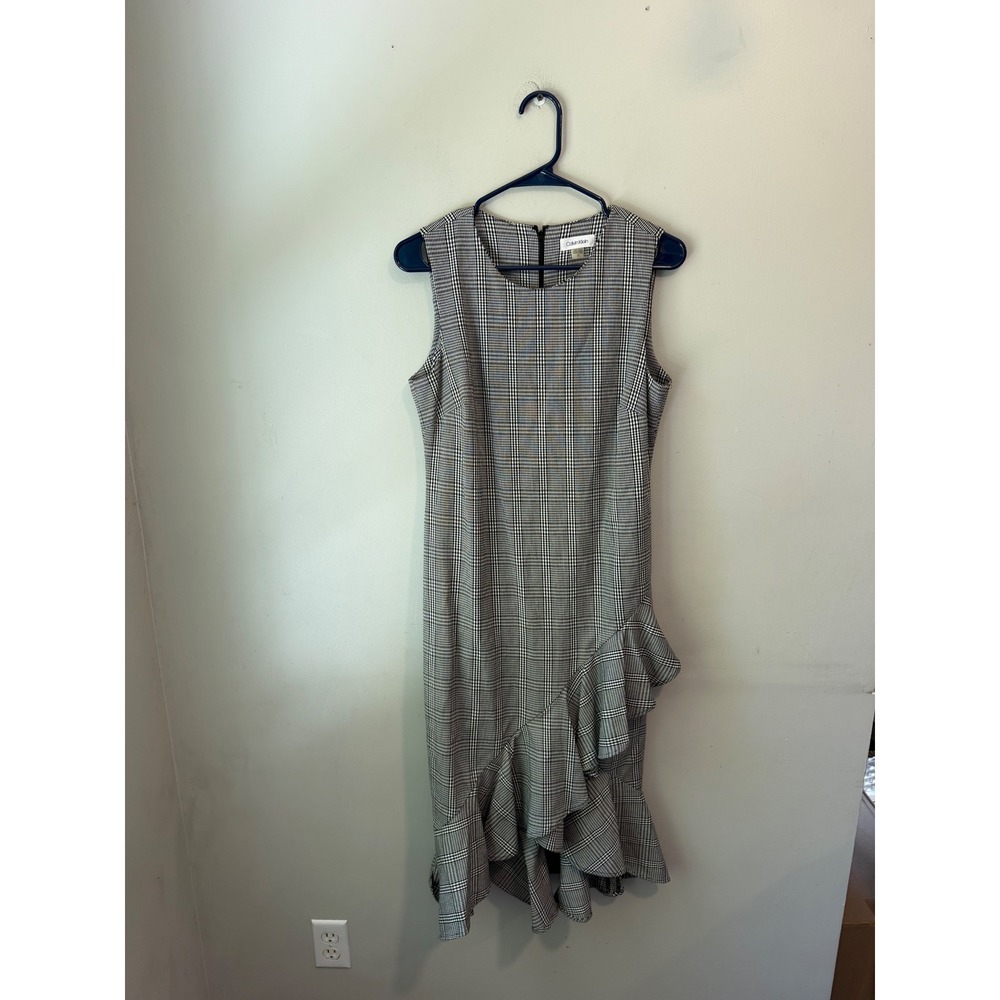Calvin Klein Womens Glen Plaid Ruffle Hem Sheath Midi Dress Black White Size 12